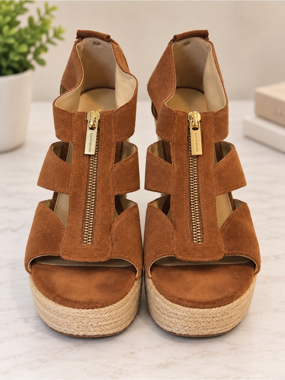 Michael kors suede Espadrille Wedge Sandals with Front Zipper - Tan . michael ko